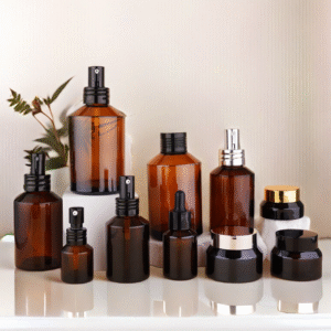 Wholesale Amber Glass Cosmetic Packaging Sets Lotion Bottle Cream Jar Serum Bottle
