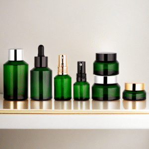 Luxury Green Glass Cosmetic Packaging Sets Lotion Bottle Cream Jar Serum Bottle